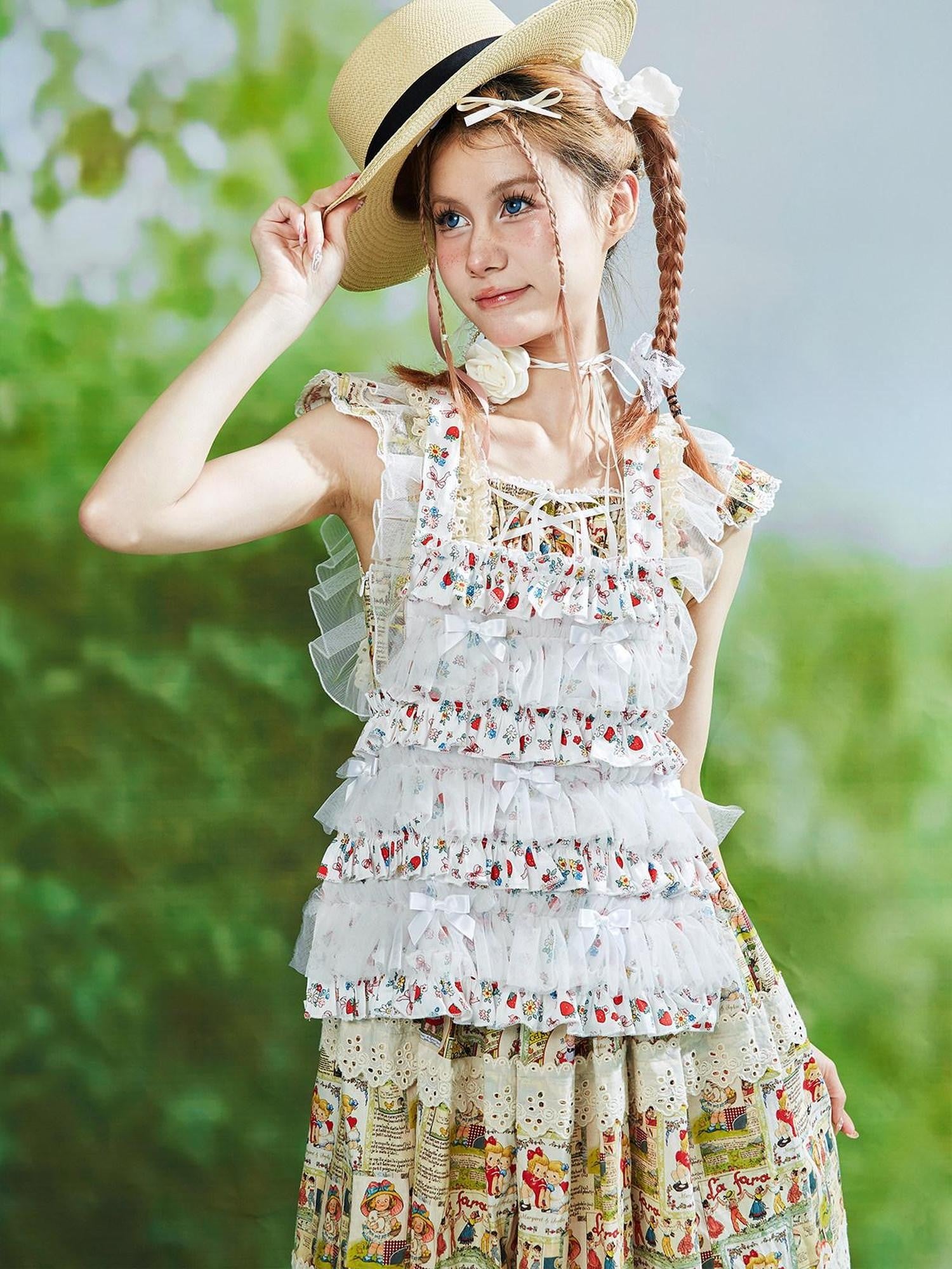SOS MEME CLUB White Floral 3d Bow Halter Apron Loose Regular Women's Cotton Vests