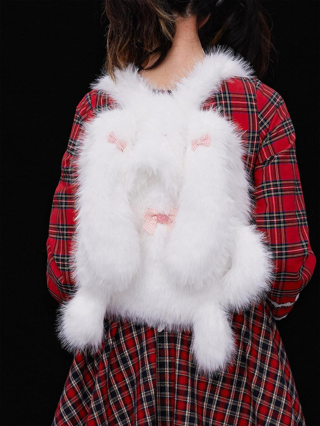 SOS MEME CLUB White Plush Rabbit Doll Backpack Bow Drawstring Women's Polyester Novelty Bags