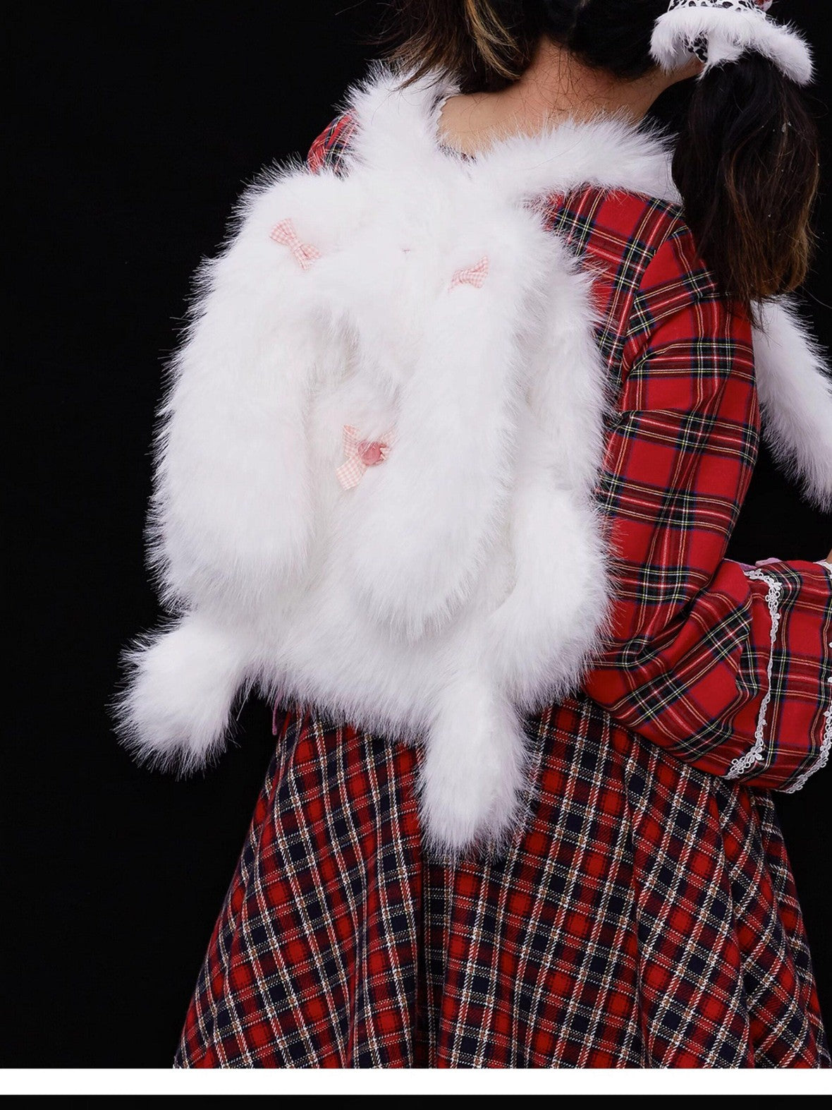 SOS MEME CLUB White Plush Rabbit Doll Backpack Bow Drawstring Women's Polyester Novelty Bags