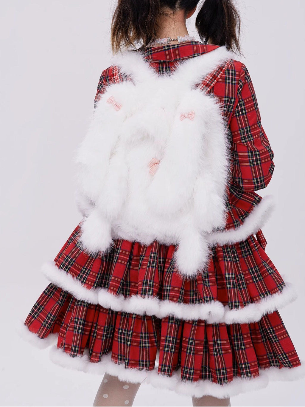 SOS MEME CLUB White Plush Rabbit Doll Backpack Bow Drawstring Women's Polyester Novelty Bags