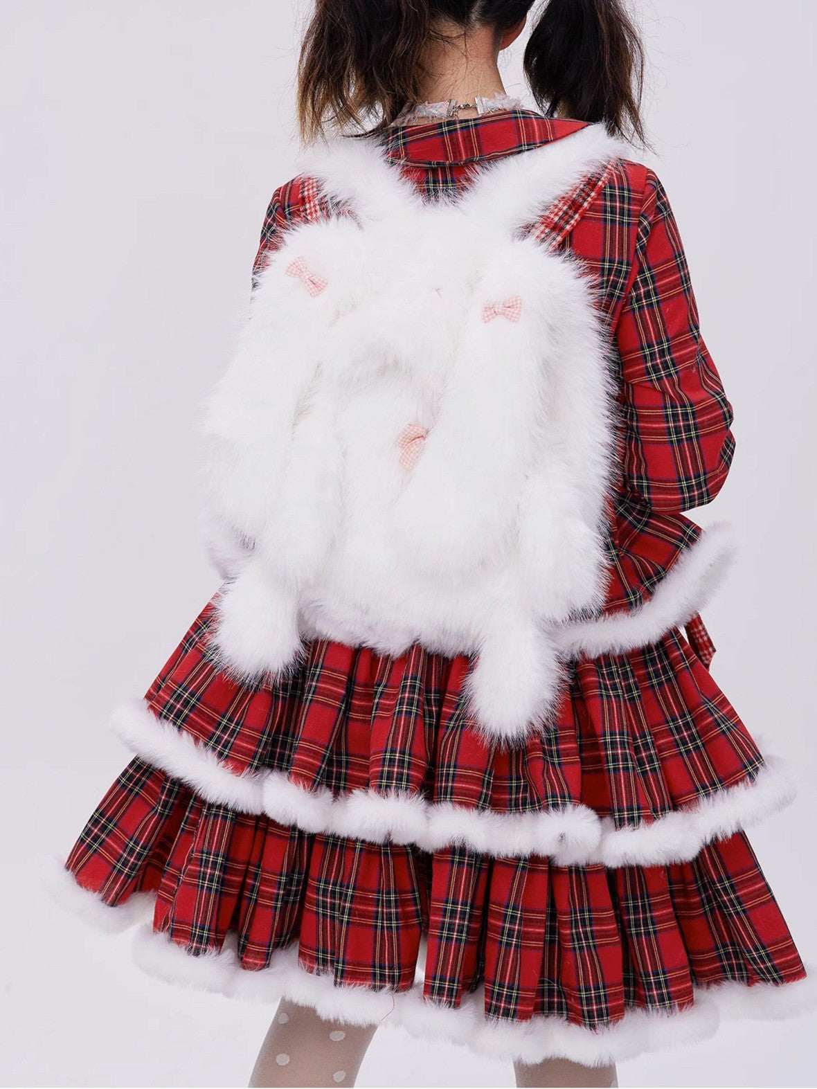 SOS MEME CLUB White Plush Rabbit Doll Backpack Bow Drawstring Women's Polyester Novelty Bags