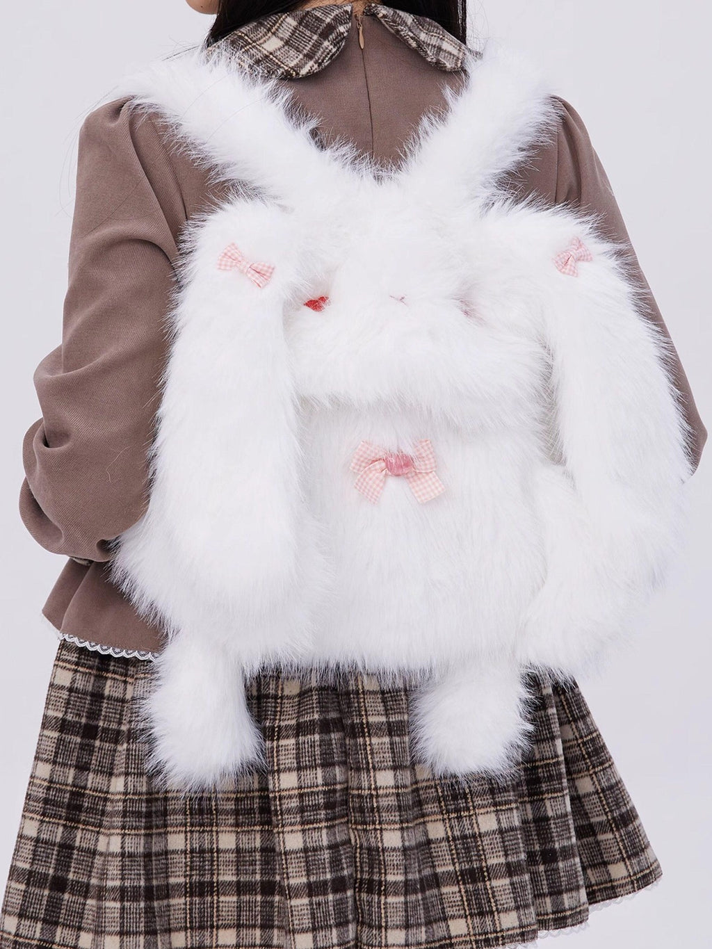 SOS MEME CLUB White Plush Rabbit Doll Backpack Bow Drawstring Women's Polyester Novelty Bags