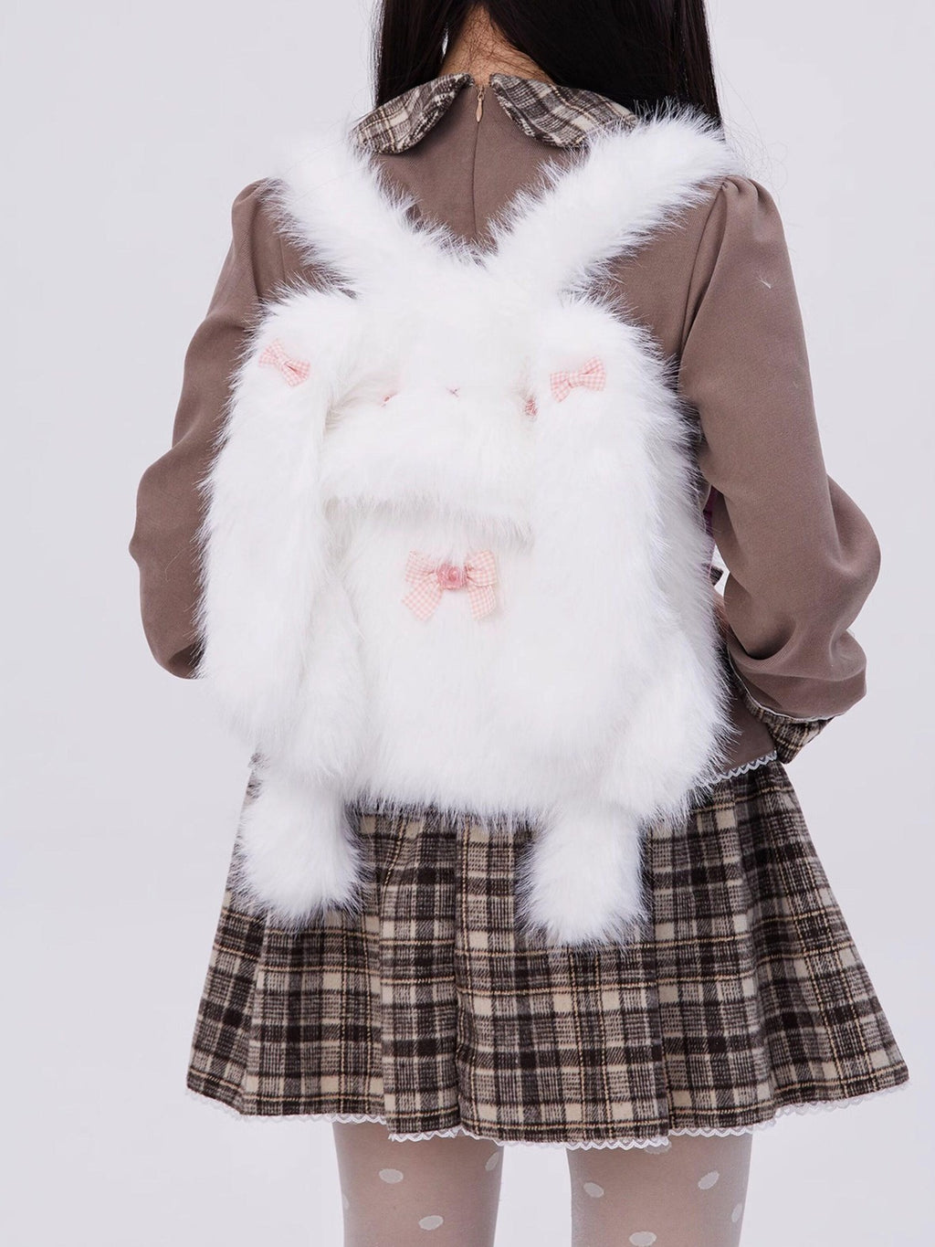 SOS MEME CLUB White Plush Rabbit Doll Backpack Bow Drawstring Women's Polyester Novelty Bags