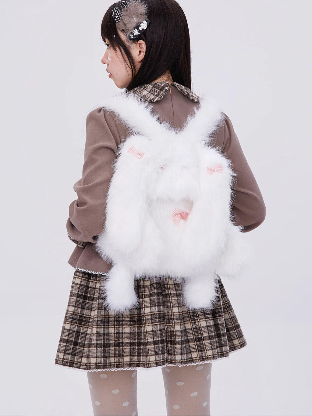 SOS MEME CLUB White Plush Rabbit Doll Backpack Bow Drawstring Women's Polyester Novelty Bags