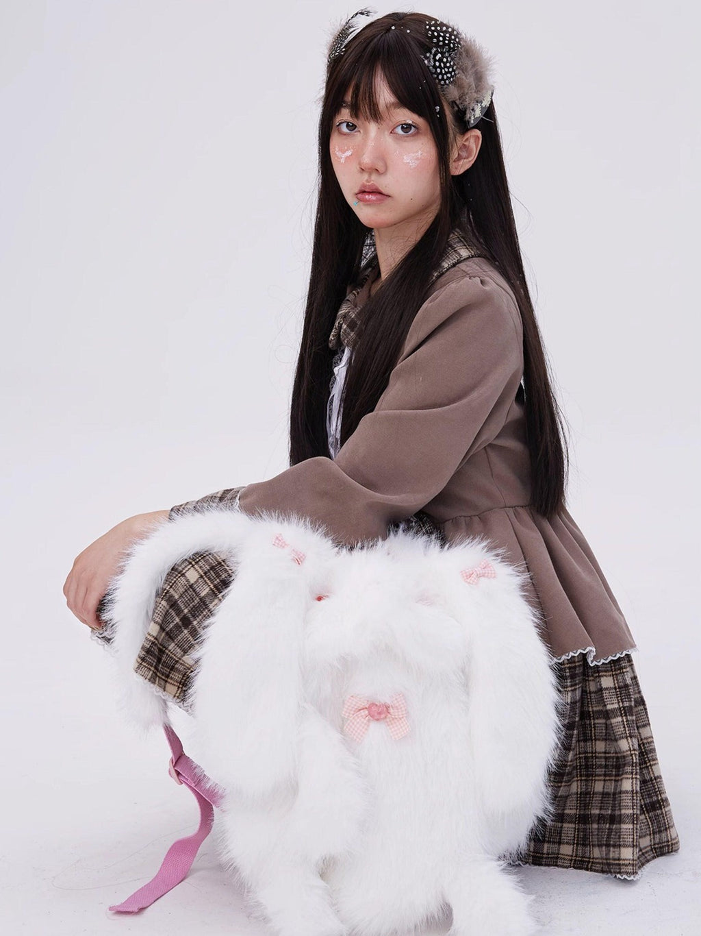 SOS MEME CLUB White Plush Rabbit Doll Backpack Bow Drawstring Women's Polyester Novelty Bags