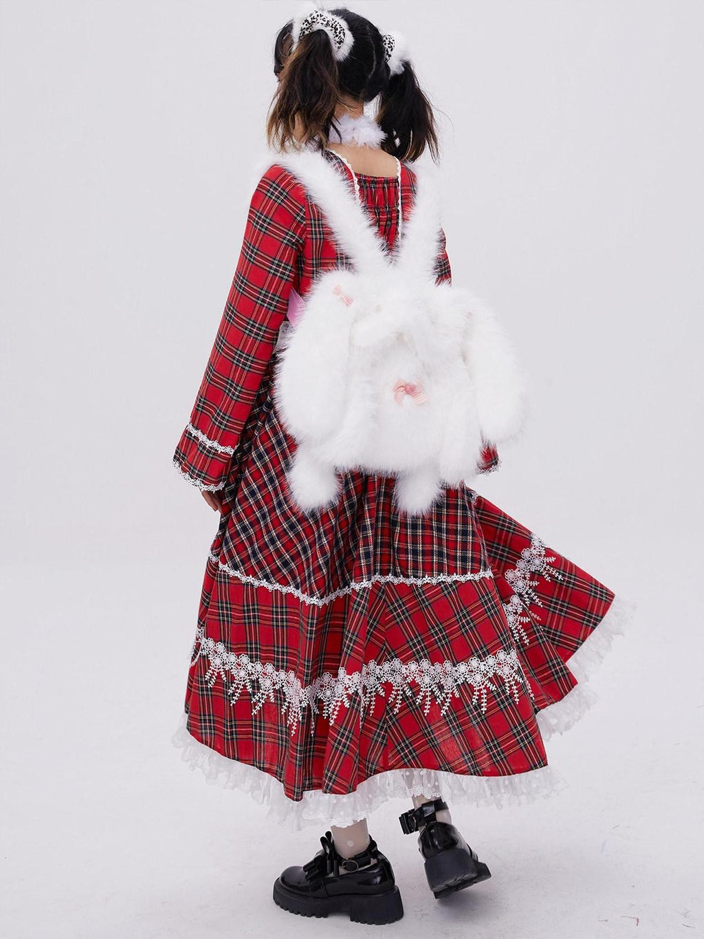 SOS MEME CLUB White Plush Rabbit Doll Backpack Bow Drawstring Women's Polyester Novelty Bags
