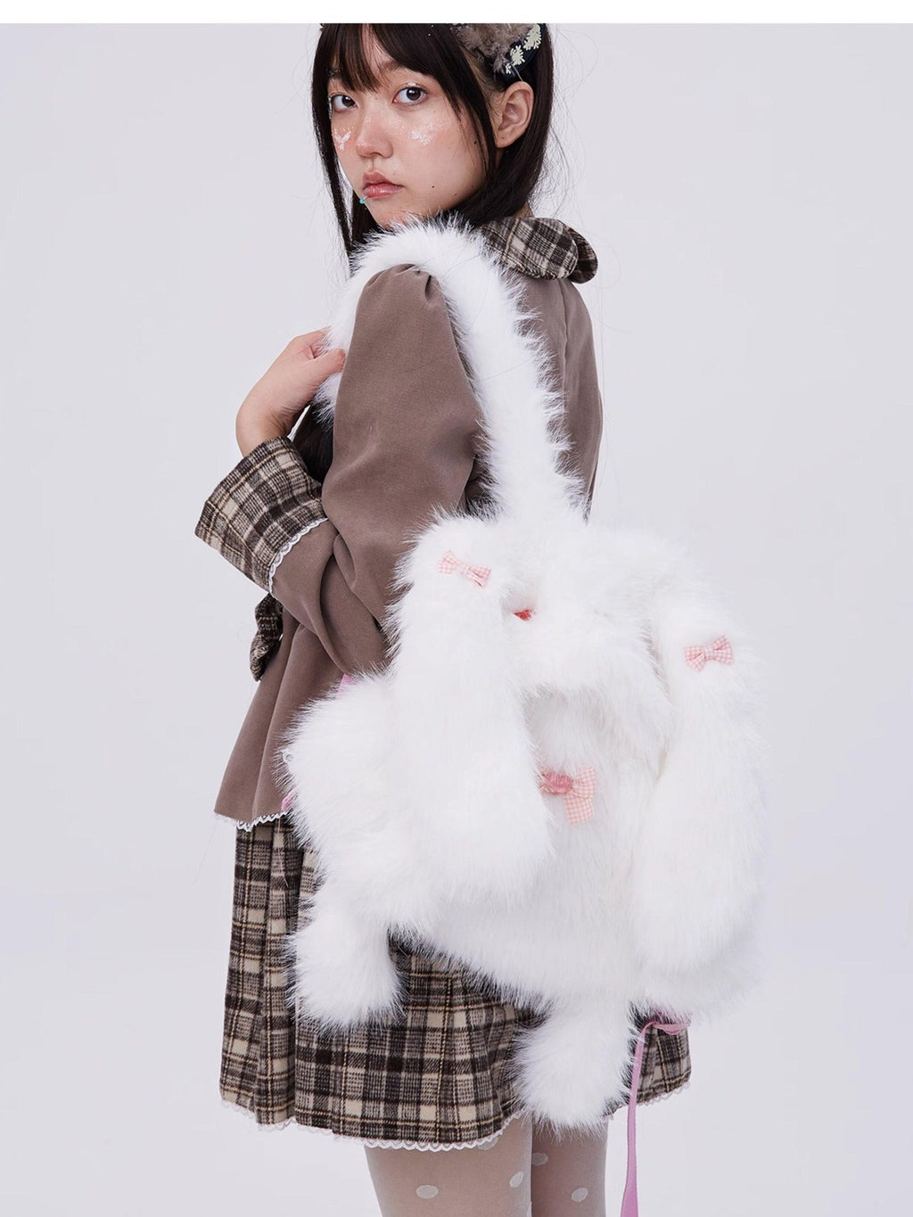 SOS MEME CLUB White Plush Rabbit Doll Backpack Bow Drawstring Women's Polyester Novelty Bags