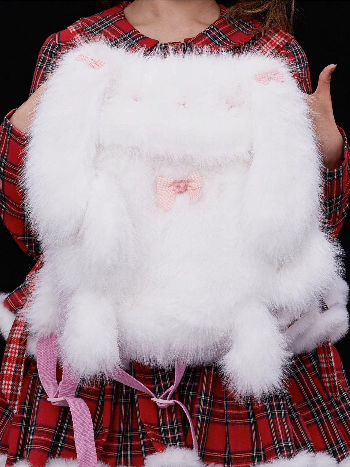 SOS MEME CLUB White Plush Rabbit Doll Backpack Bow Drawstring Women's Polyester Novelty Bags