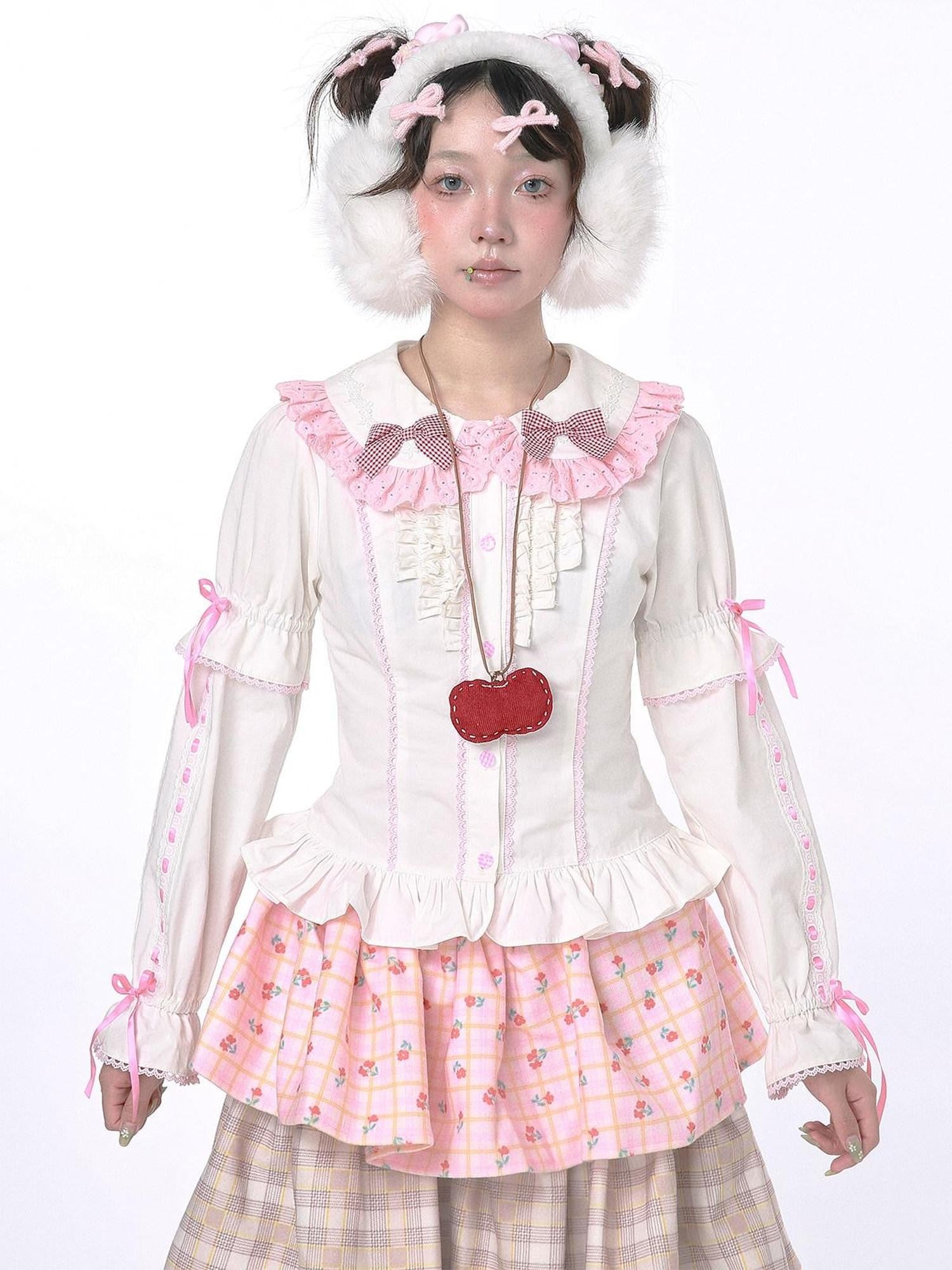SOS MEME CLUB White Retro Bow Puff Sleeve Doll Collar Women's Cotton Long Sleeve Blouses