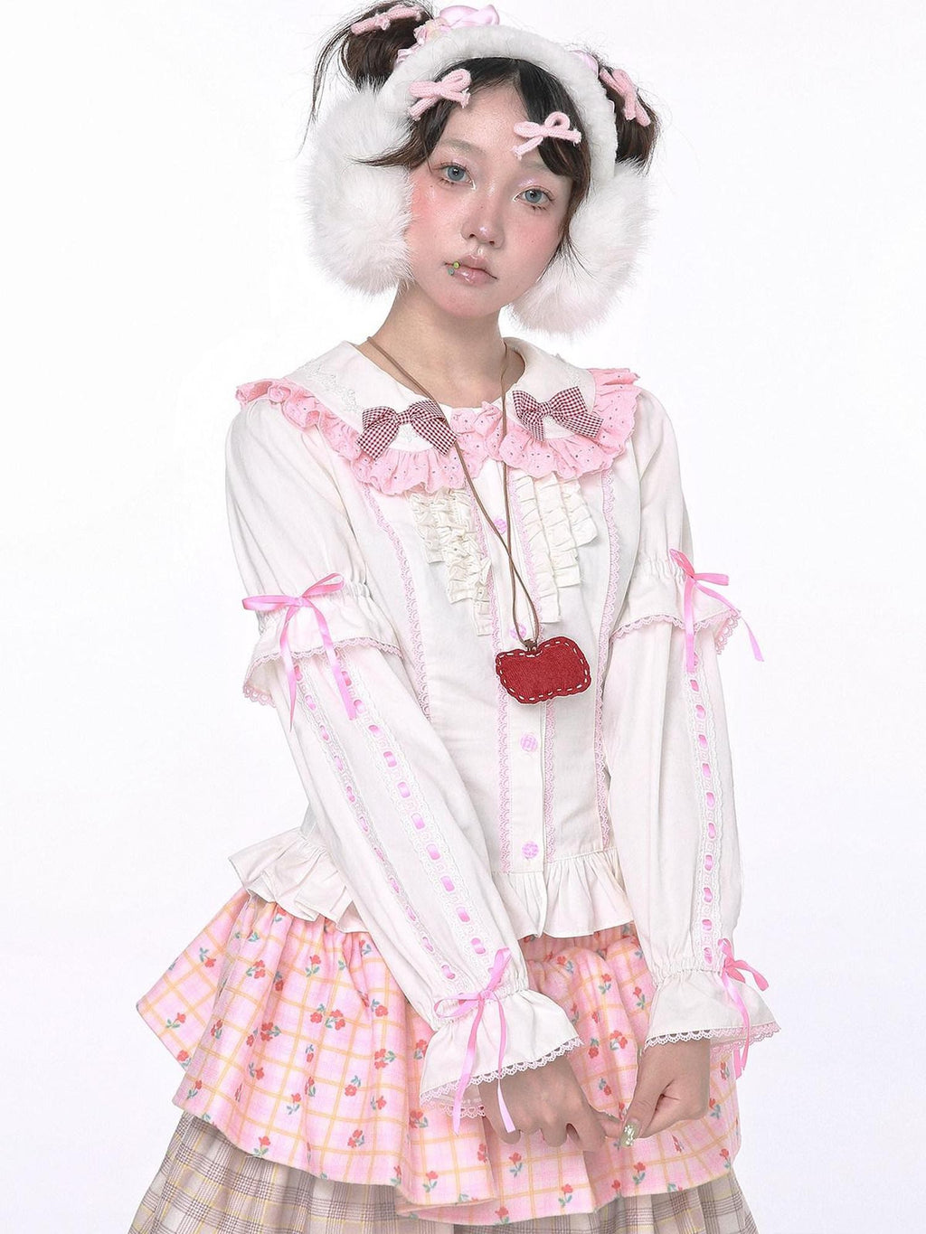 SOS MEME CLUB White Retro Bow Puff Sleeve Doll Collar Women's Cotton Long Sleeve Blouses