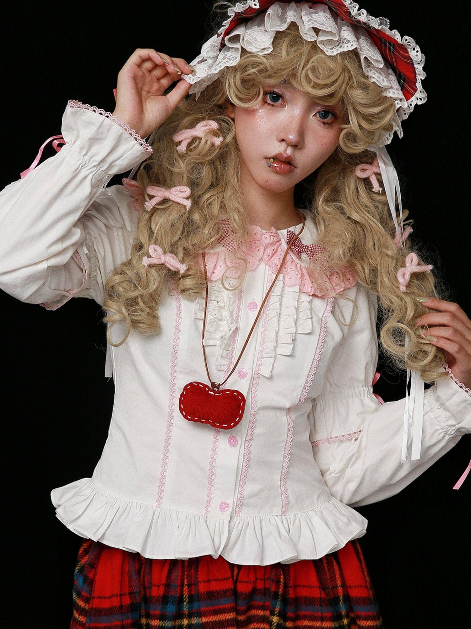 SOS MEME CLUB White Retro Bow Puff Sleeve Doll Collar Women's Cotton Long Sleeve Blouses