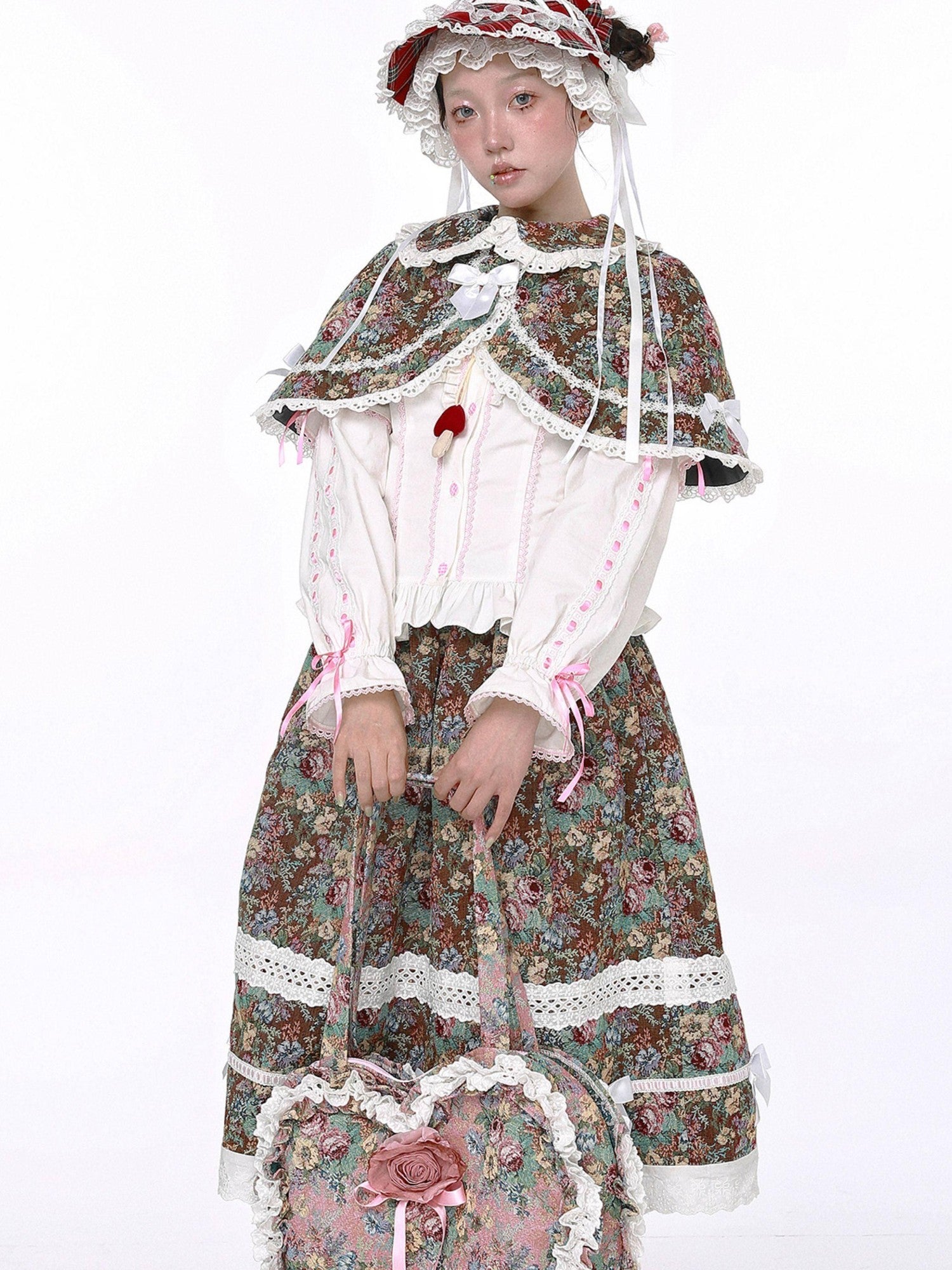 SOS MEME CLUB White Retro Bow Puff Sleeve Doll Collar Women's Cotton Long Sleeve Blouses