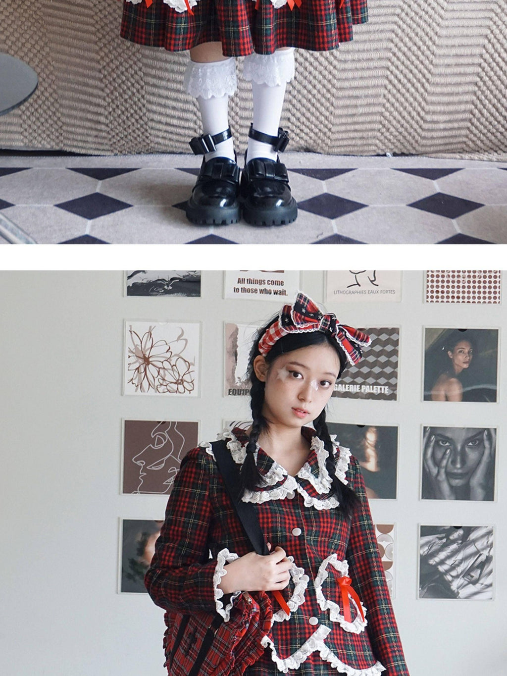 SOS MEME CLUB Wine Red Plaid Bow Blazer Lapel Cropped Fitted Women's Wool Blend Jackets