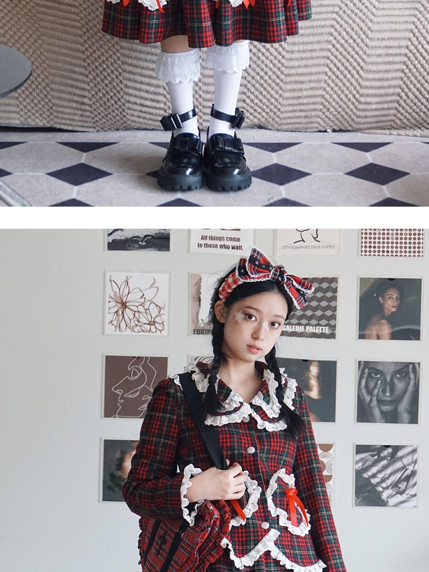 SOS MEME CLUB Wine Red Plaid Bow Blazer Lapel Cropped Fitted Women's Wool Blend Jackets