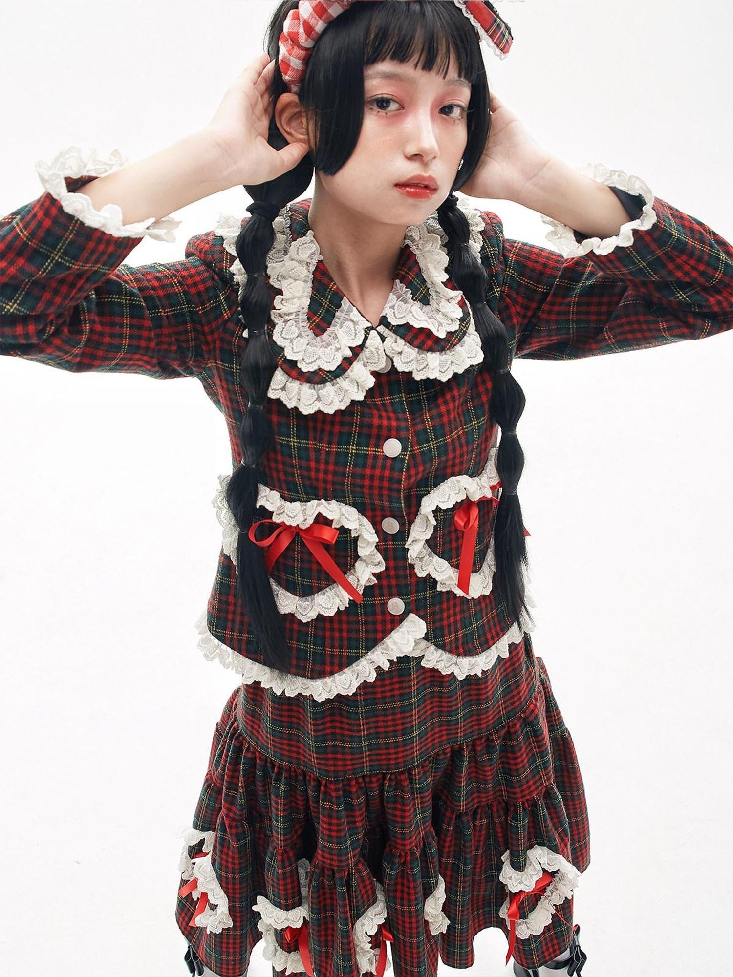 SOS MEME CLUB Wine Red Plaid Bow Blazer Lapel Cropped Fitted Women's Wool Blend Jackets