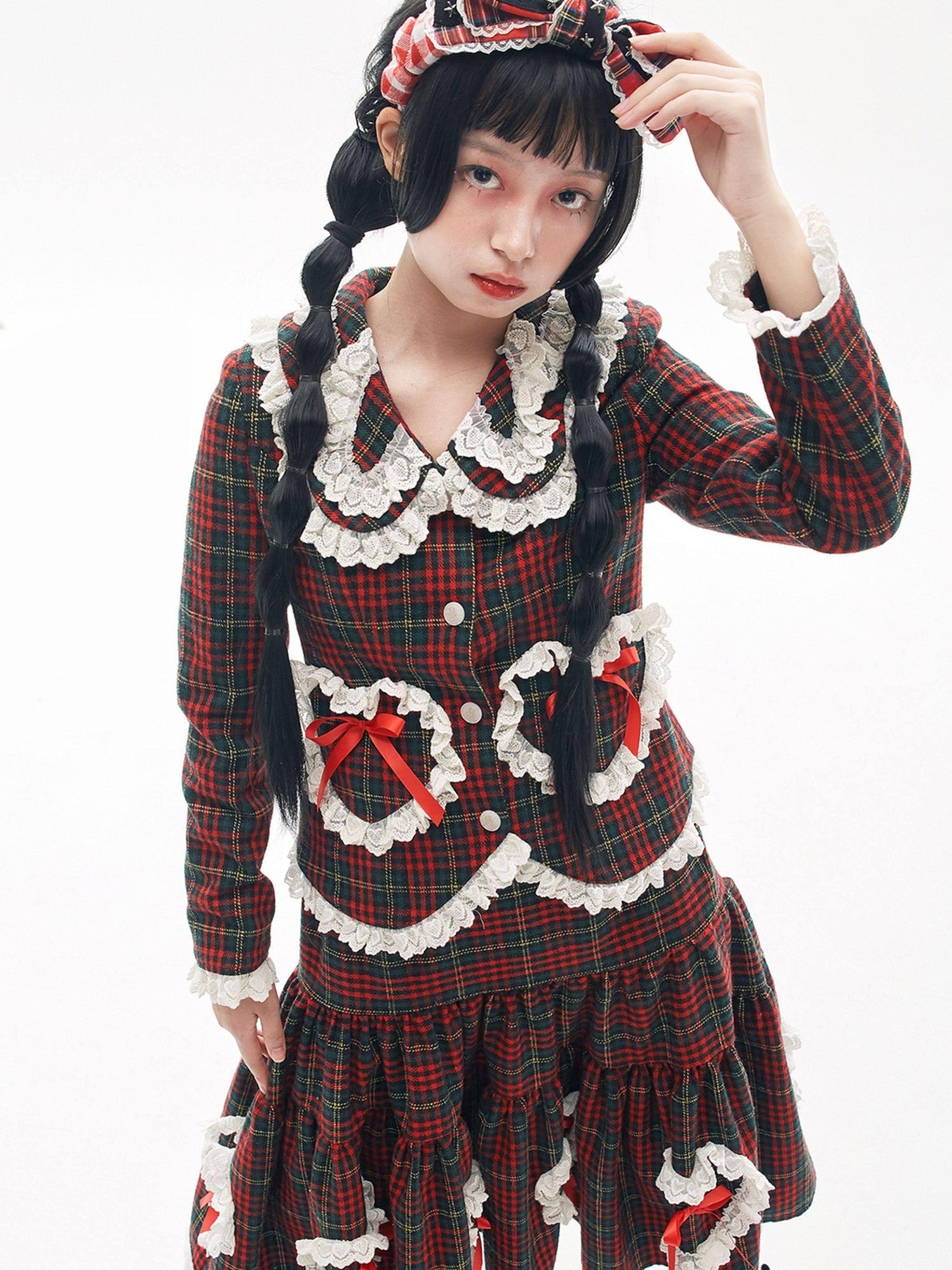 SOS MEME CLUB Wine Red Plaid Bow Blazer Lapel Cropped Fitted Women's Wool Blend Jackets