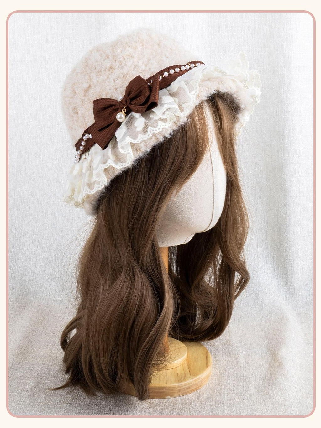 Stardust Rose Almond Lace Bow Cloche Round Top Women's Woolen Full Bonnets