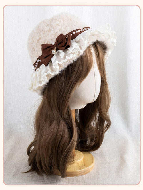 Stardust Rose Almond Lace Bow Cloche Round Top Women's Woolen Full Bonnets