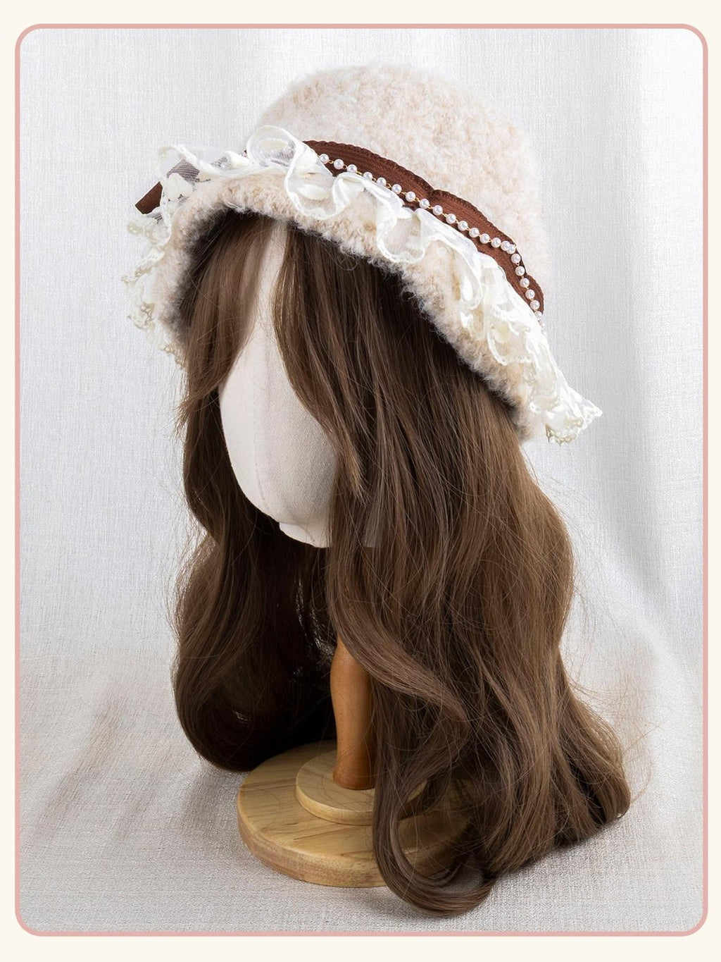 Stardust Rose Almond Lace Bow Cloche Round Top Women's Woolen Full Bonnets