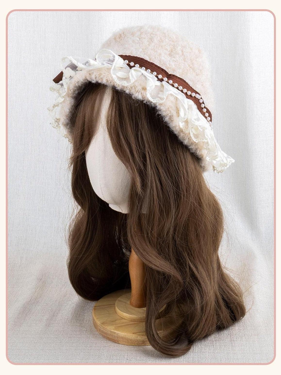 Stardust Rose Almond Lace Bow Cloche Round Top Women's Woolen Full Bonnets