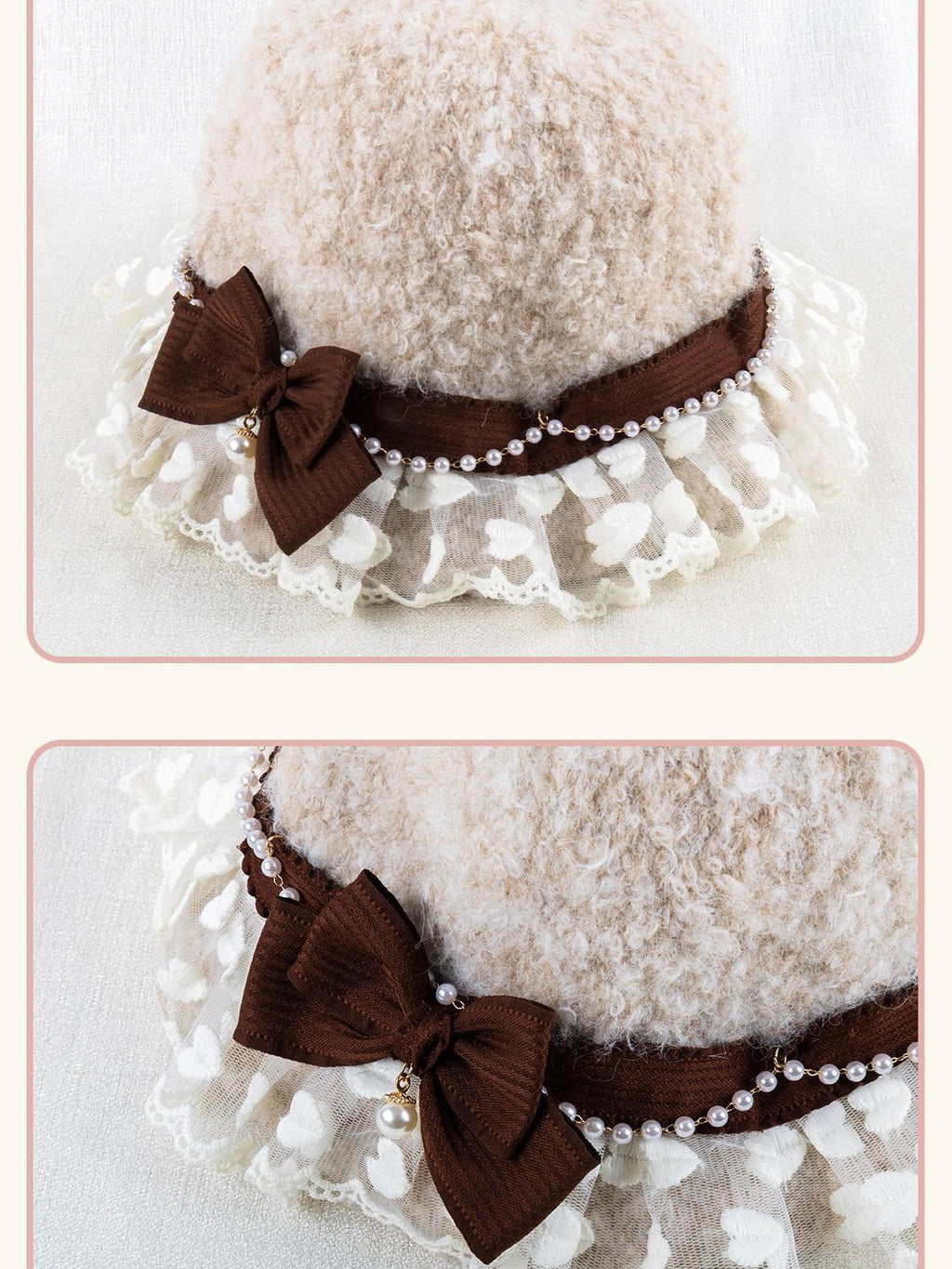 Stardust Rose Almond Lace Bow Cloche Round Top Women's Woolen Full Bonnets
