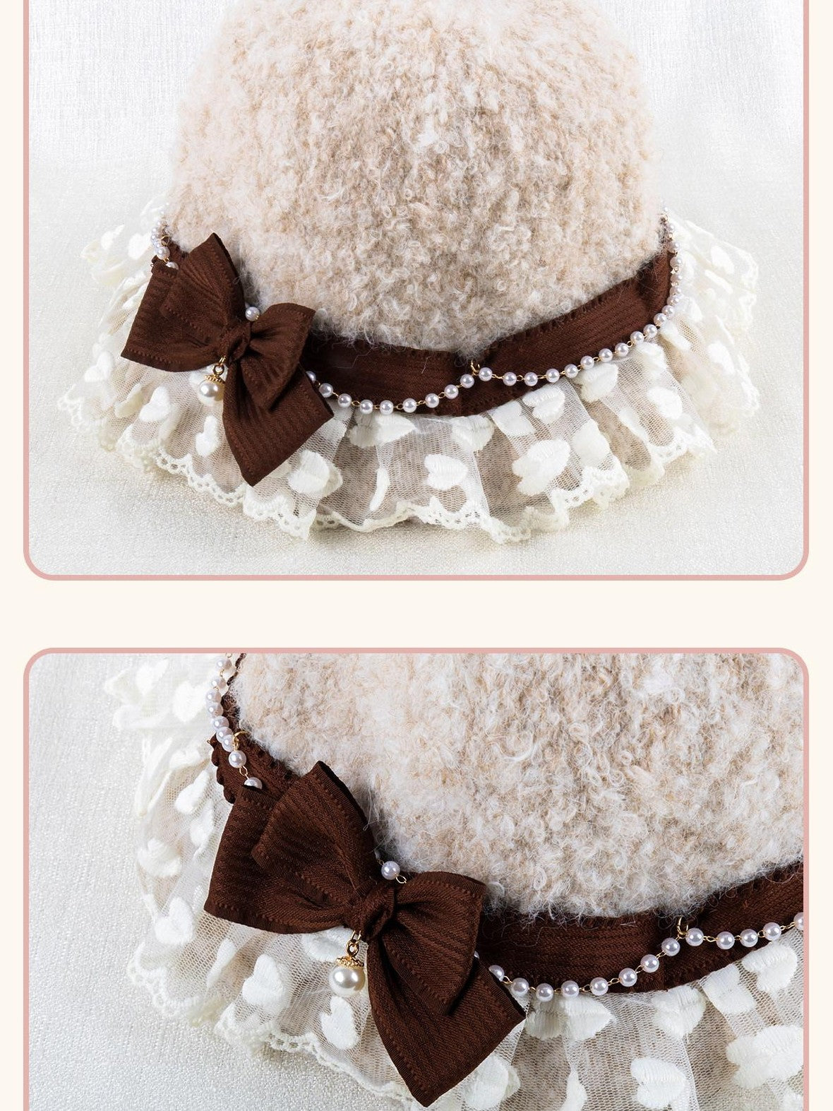 Stardust Rose Almond Lace Bow Cloche Round Top Women's Woolen Full Bonnets