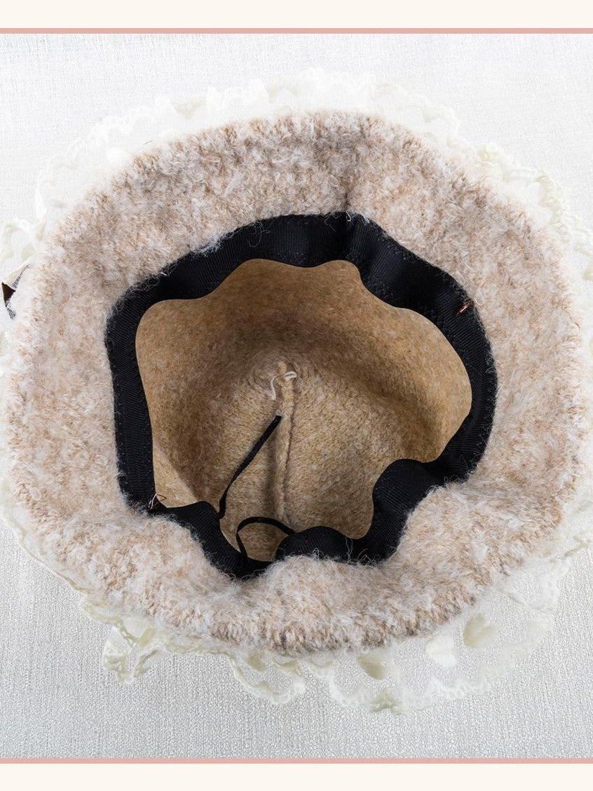 Stardust Rose Almond Lace Bow Cloche Round Top Women's Woolen Full Bonnets