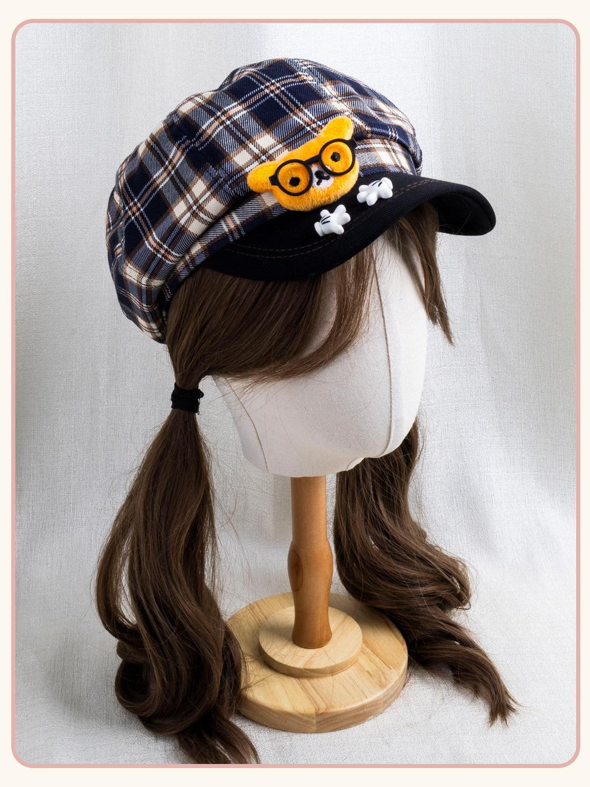 Stardust Rose Bear Applique Checked Colorblock Tassel Octagonal Women's Full Bonnets