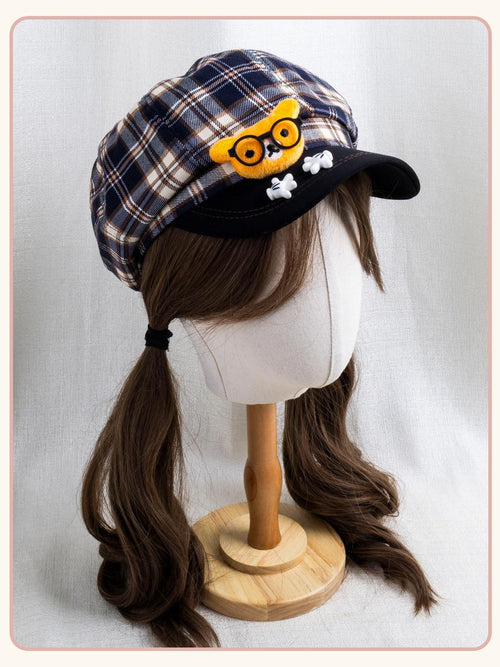 Stardust Rose Bear Applique Checked Colorblock Tassel Octagonal Women's Full Bonnets