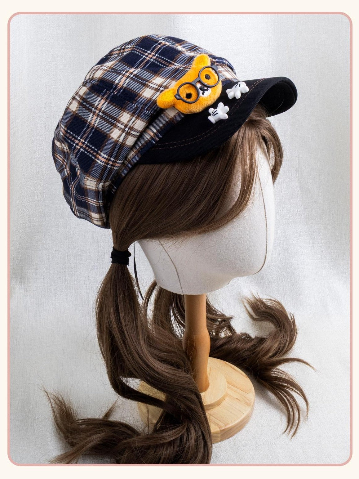 Stardust Rose Bear Applique Checked Colorblock Tassel Octagonal Women's Full Bonnets