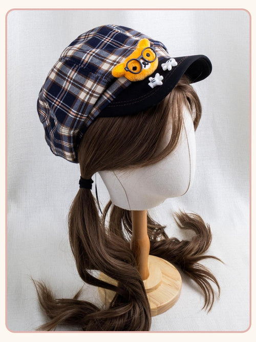 Stardust Rose Bear Applique Checked Colorblock Tassel Octagonal Women's Full Bonnets
