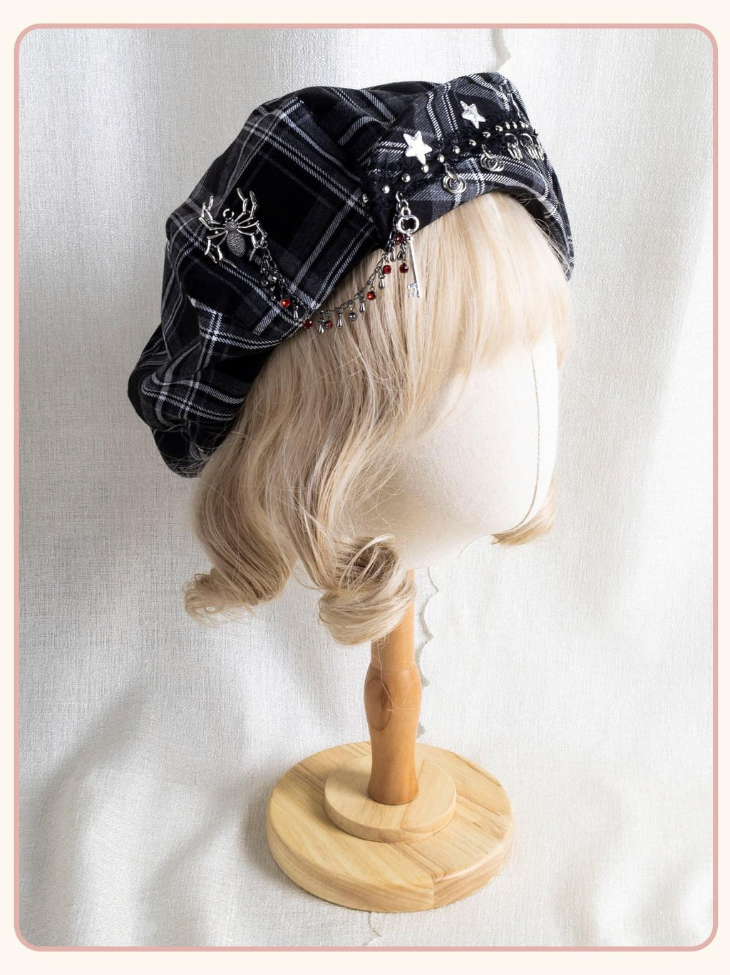 Stardust Rose Black Grey Plaid Key Charm Cloud Shape Face Slimming Women's Full Bonnets