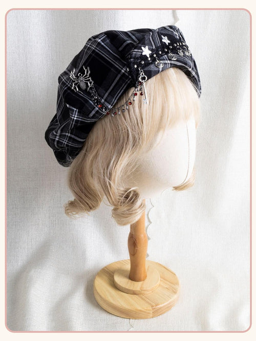 Stardust Rose Black Grey Plaid Key Charm Cloud Shape Face Slimming Women's Full Bonnets