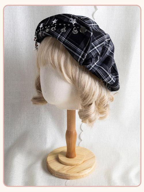 Stardust Rose Black Grey Plaid Key Charm Cloud Shape Face Slimming Women's Full Bonnets