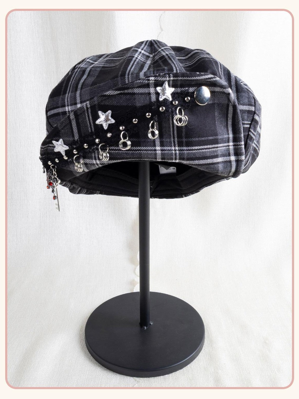 Stardust Rose Black Grey Plaid Key Charm Cloud Shape Face Slimming Women's Full Bonnets
