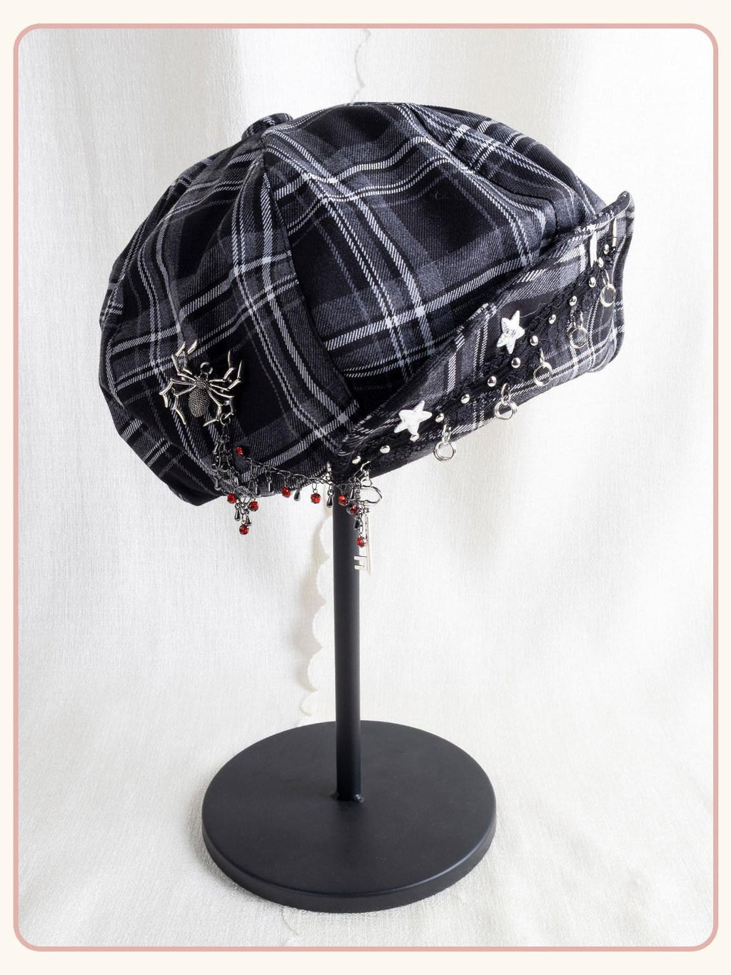 Stardust Rose Black Grey Plaid Key Charm Cloud Shape Face Slimming Women's Full Bonnets