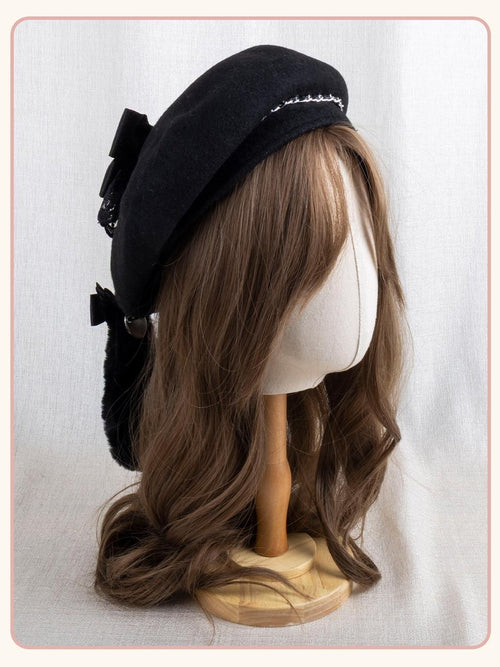 Stardust Rose Black Lace Bow Gothic Rabbit Ear Round Top Women's Lace Full Bonnets