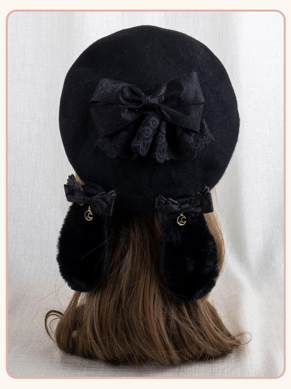 Stardust Rose Black Lace Bow Gothic Rabbit Ear Round Top Women's Lace Full Bonnets