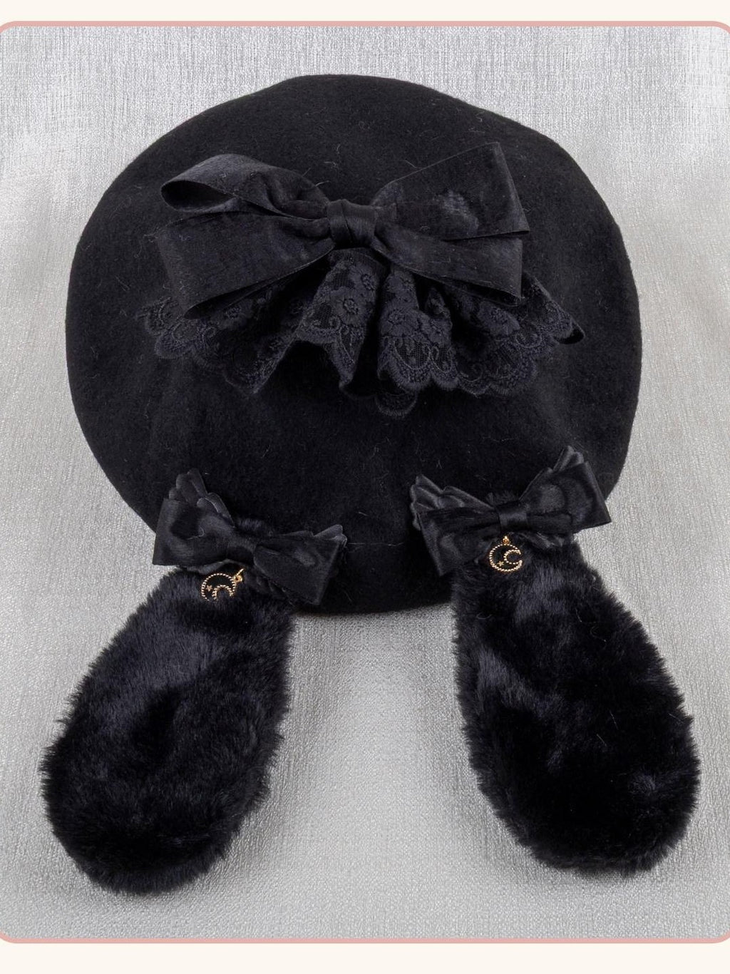 Stardust Rose Black Lace Bow Gothic Rabbit Ear Round Top Women's Lace Full Bonnets