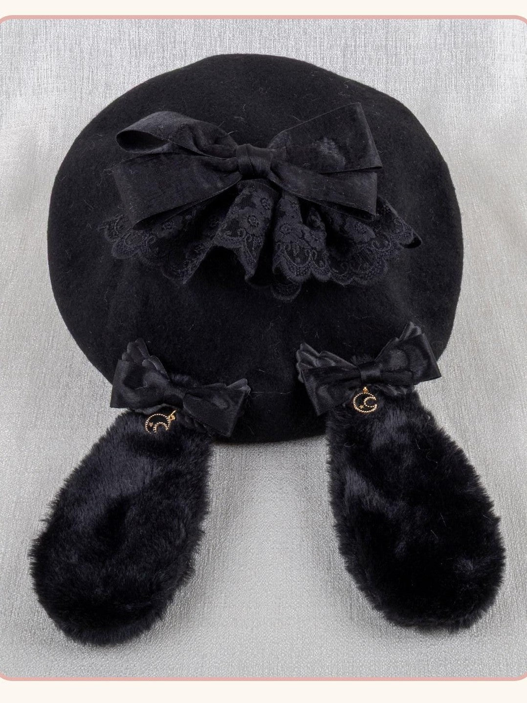 Stardust Rose Black Lace Bow Gothic Rabbit Ear Round Top Women's Lace Full Bonnets