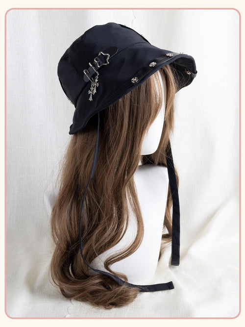 Stardust Rose Black Punk Round Top Wide Brim Breathable Casual Women's Full Bonnets
