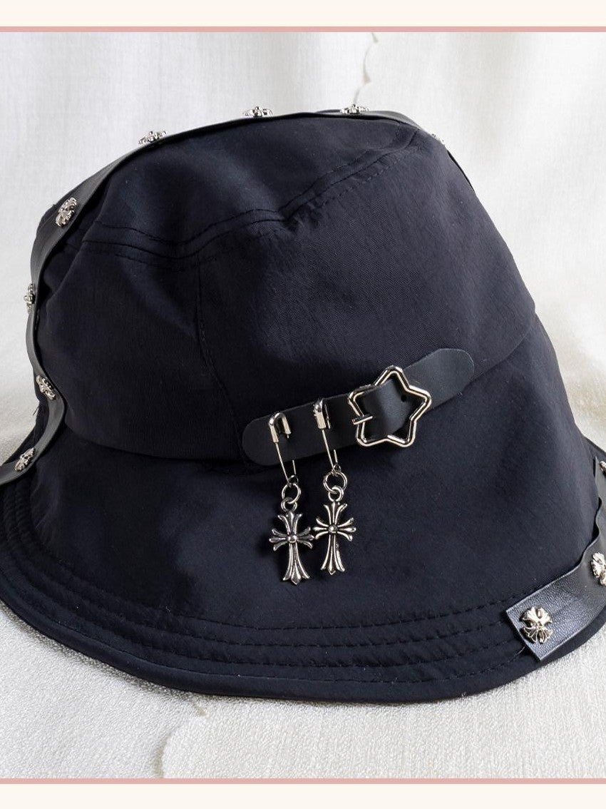 Stardust Rose Black Punk Round Top Wide Brim Breathable Casual Women's Full Bonnets