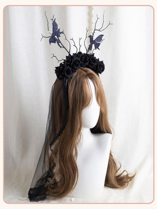 Stardust Rose Black Rose Branch Bud Butterfly Veil Lolita Women's Kc / Headbands