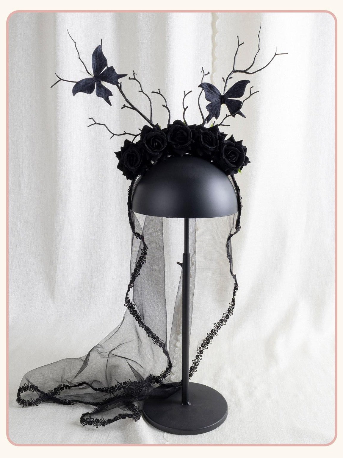 Stardust Rose Black Rose Branch Bud Butterfly Veil Lolita Women's Kc / Headbands