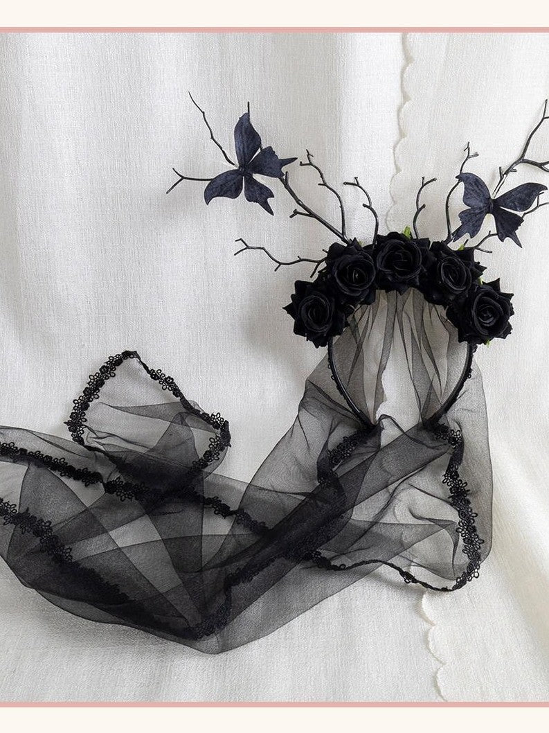 Stardust Rose Black Rose Branch Bud Butterfly Veil Lolita Women's Kc / Headbands