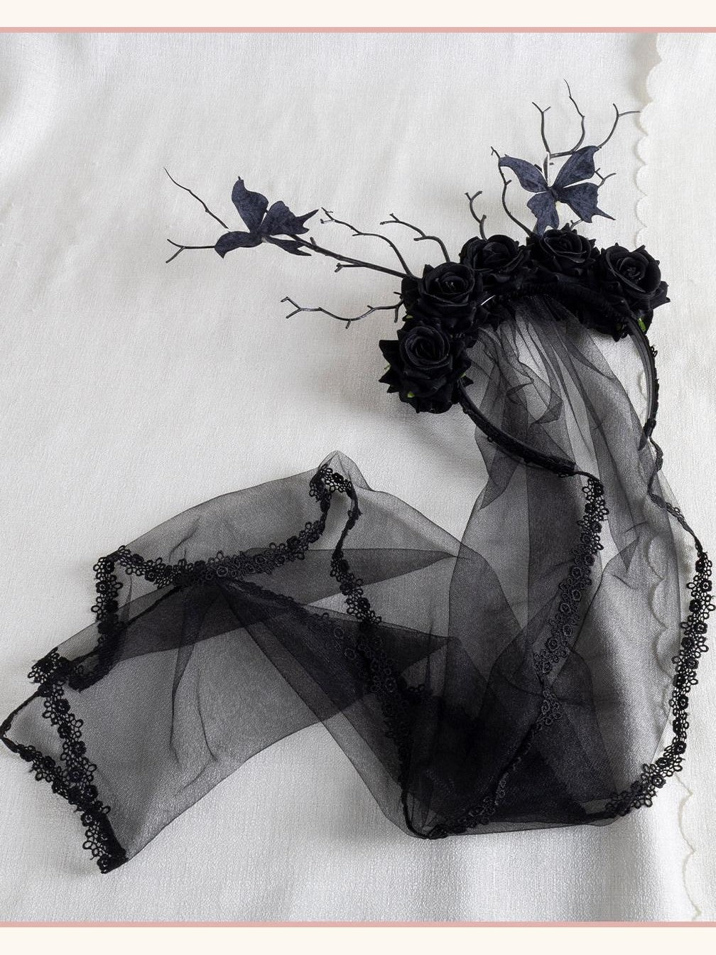 Stardust Rose Black Rose Branch Bud Butterfly Veil Lolita Women's Kc / Headbands