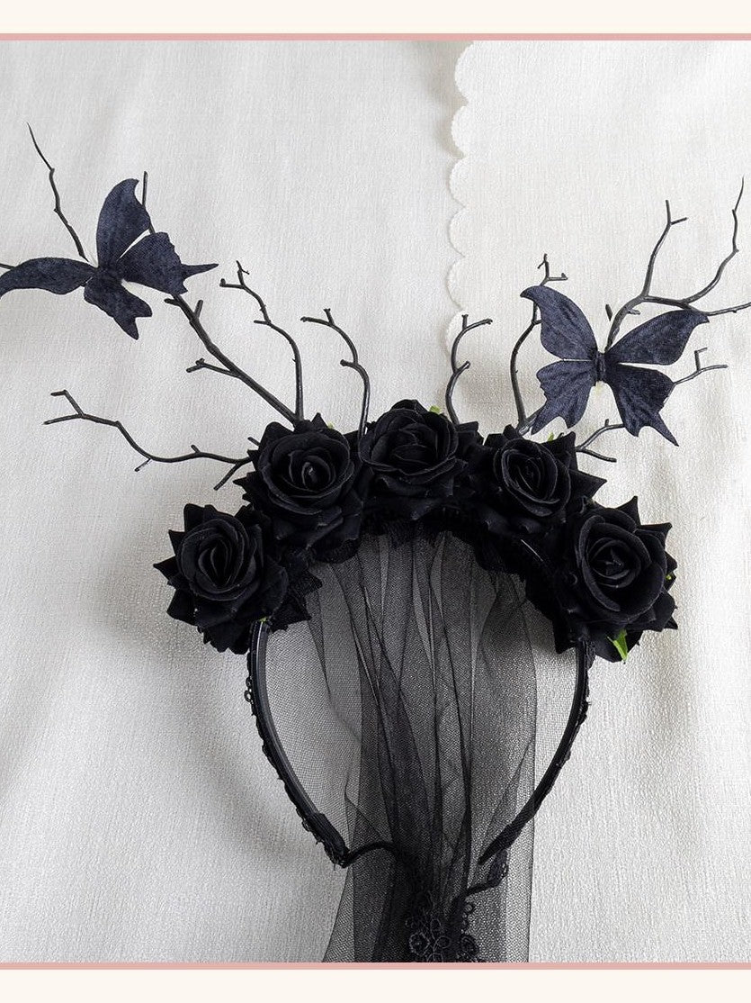 Stardust Rose Black Rose Branch Bud Butterfly Veil Lolita Women's Kc / Headbands