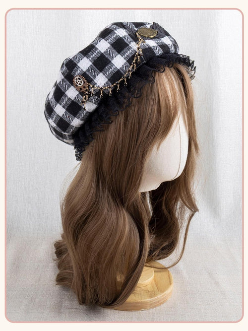 Stardust Rose Black White Plaid Lace And Chain Accent Women's Full Bonnets