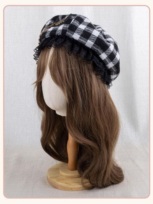 Stardust Rose Black White Plaid Lace And Chain Accent Women's Full Bonnets