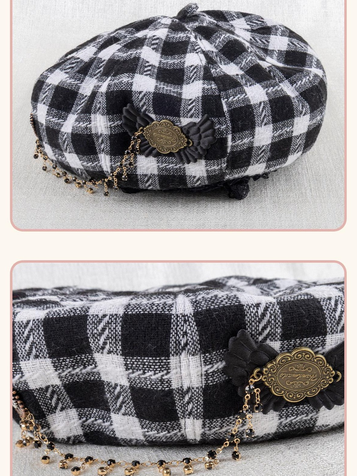 Stardust Rose Black White Plaid Lace And Chain Accent Women's Full Bonnets